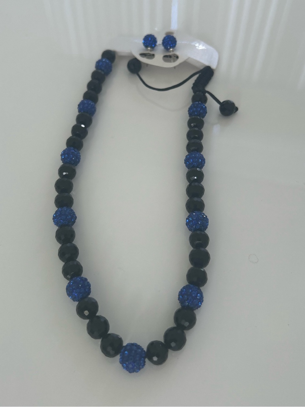 Black and Royal Blue Beaded Necklace with Matching Earrings